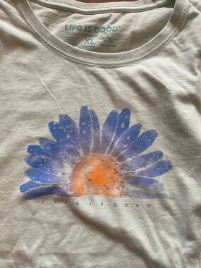 Life Is Good Pale Green T-Shirt with Blue Petal & Orange Sun Graphic